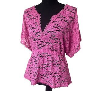 Mudd Hot Pink Sheer Lace Short Kimono Sleeve Babydoll Top